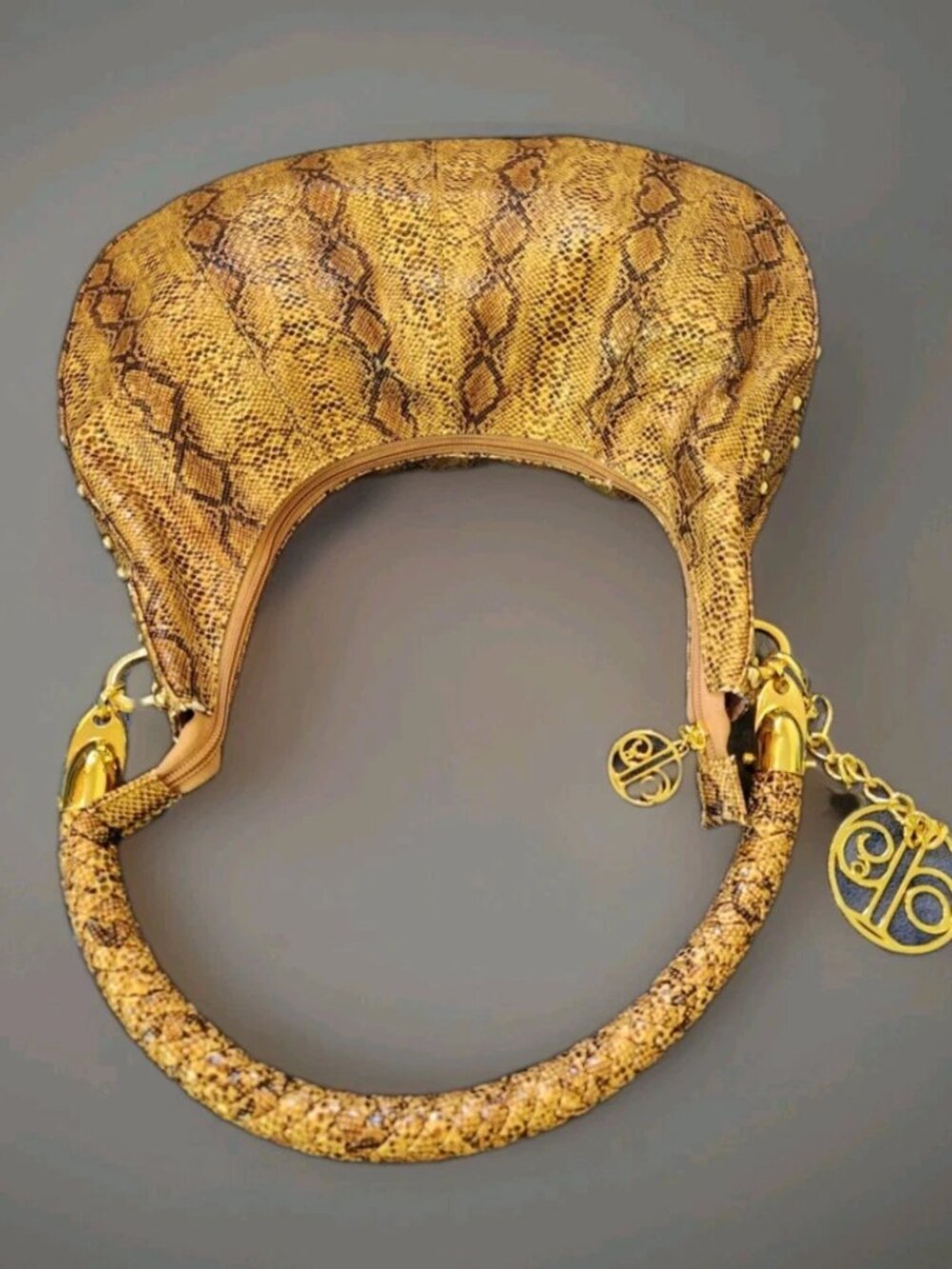 Calla Faux Snakeskin Hobo Handbag Golden Brown Python Print Studded Charm Y2K - Picture 5 of 16